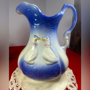 Victorian Blue and White 2 Geese Ironstone Pitcher